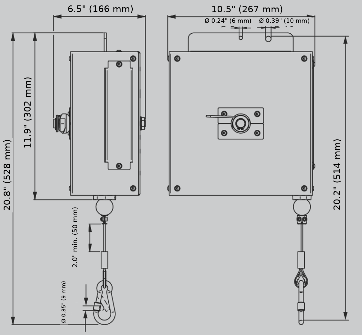 TECNA 9702OD main balancer dimensions in inches and millimetres