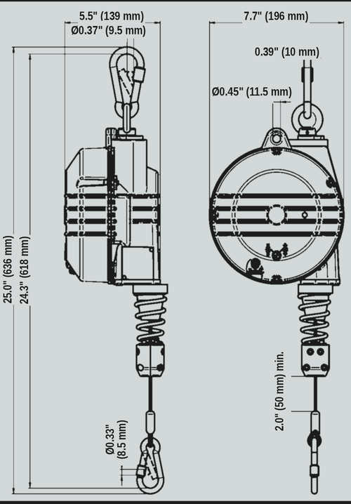 Load image into Gallery viewer, TECNA 9354OD-9359OD outdoor zero-gravity balancer dimension drawing
