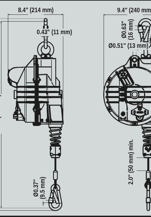 Load image into Gallery viewer, TECNA 9361OD-9369OD outdoor zero-gravity balancer dimension drawing

