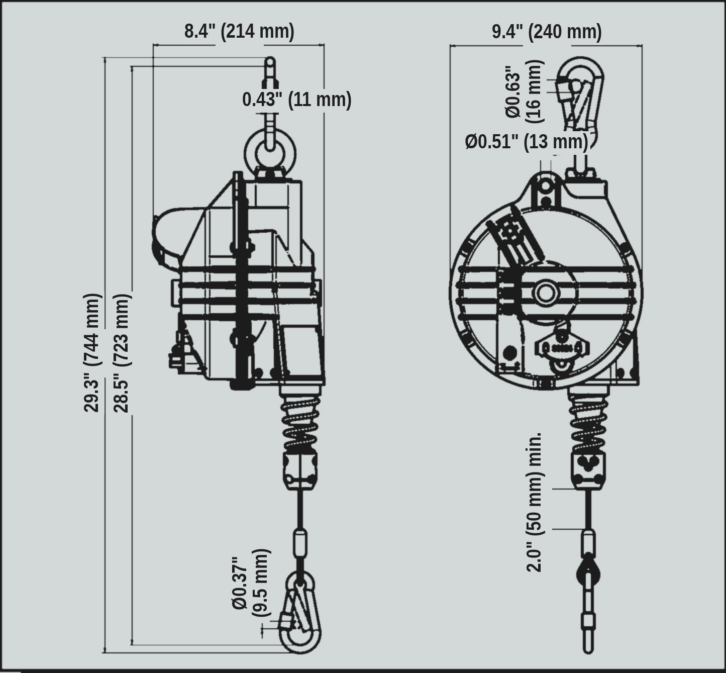 TECNA 9361OD-9369OD outdoor zero-gravity balancer dimension drawing
