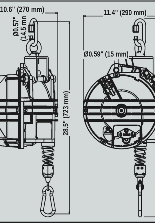 Load image into Gallery viewer, TECNA 9401OD-9414OD and 9431OD-9444OD outdoor zero-gravity balancer dimension drawing
