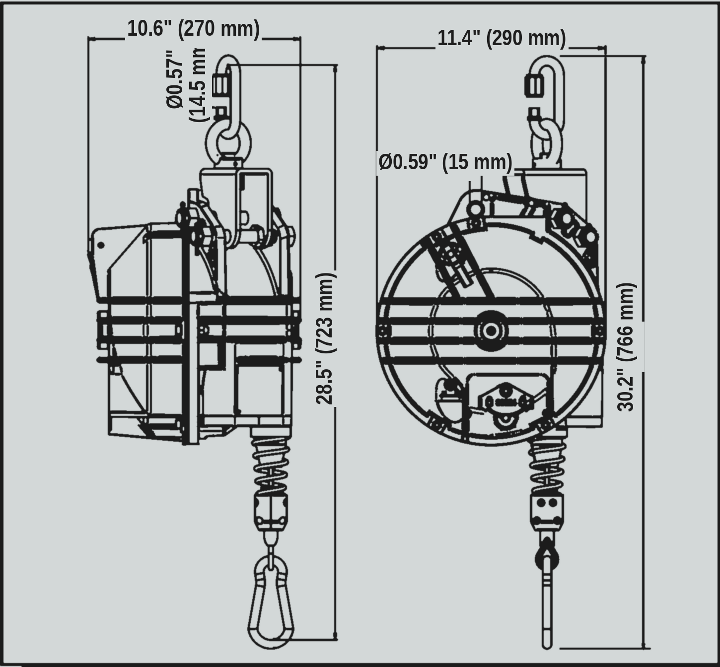 TECNA 9401OD-9414OD and 9431OD-9444OD outdoor zero-gravity balancer dimension drawing