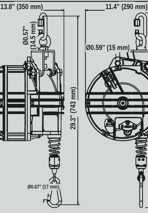 Load image into Gallery viewer, TECNA 9422OD-9426OD and 9451OD-9456OD outdoor zero-gravity balancer dimension drawing
