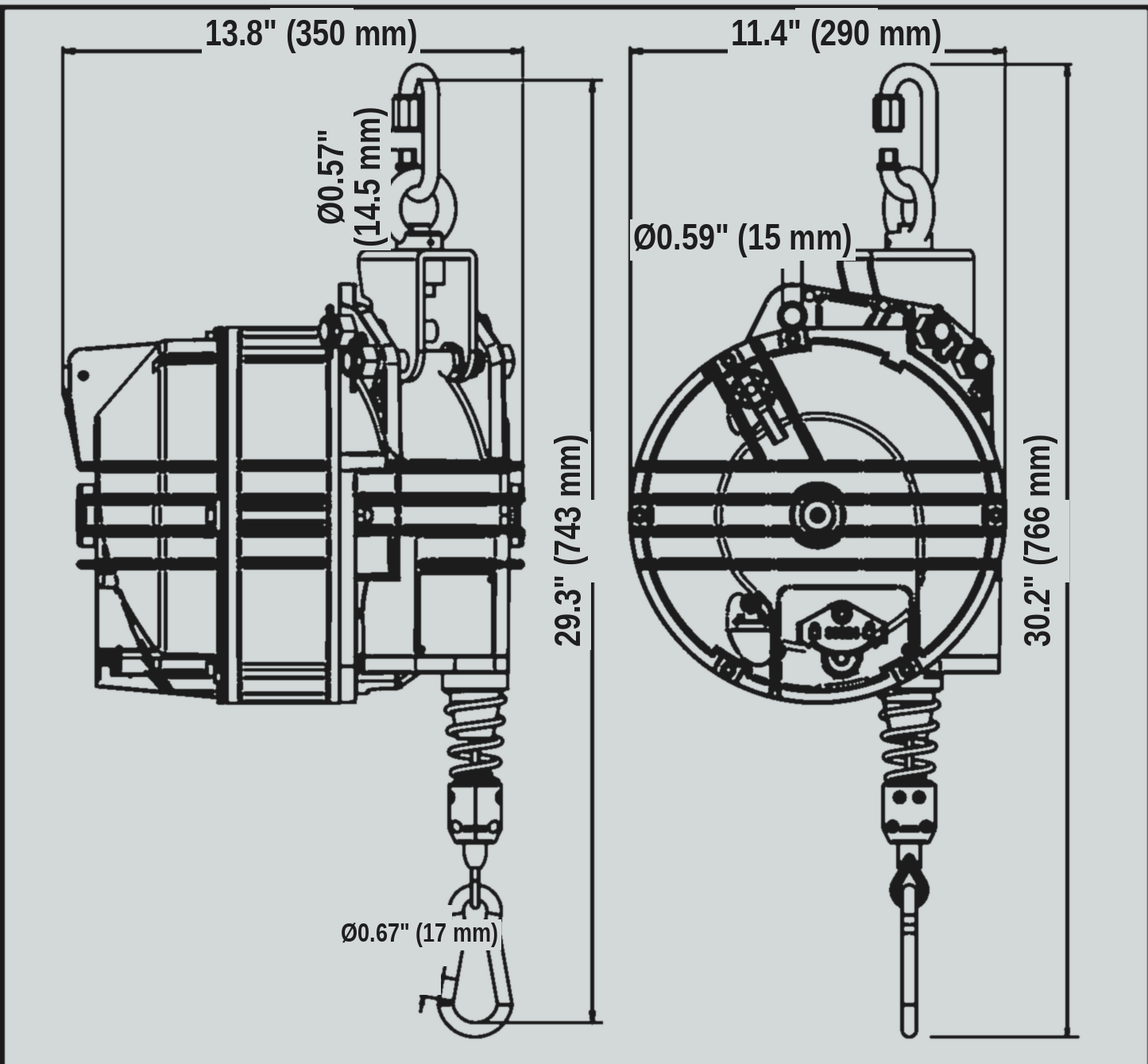 TECNA 9422OD-9426OD and 9451OD-9456OD outdoor zero-gravity balancer dimension drawing