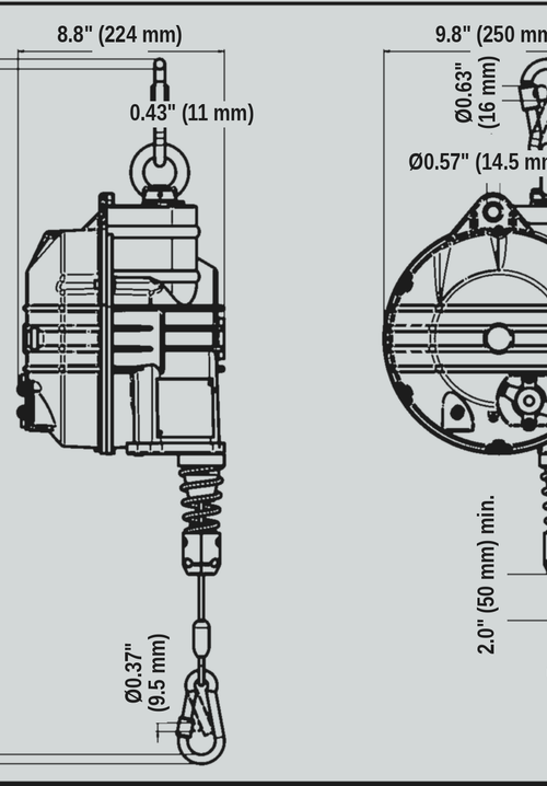 Load image into Gallery viewer, TECNA 9502OD-9525OD outdoor zero-gravity balancer dimension drawing
