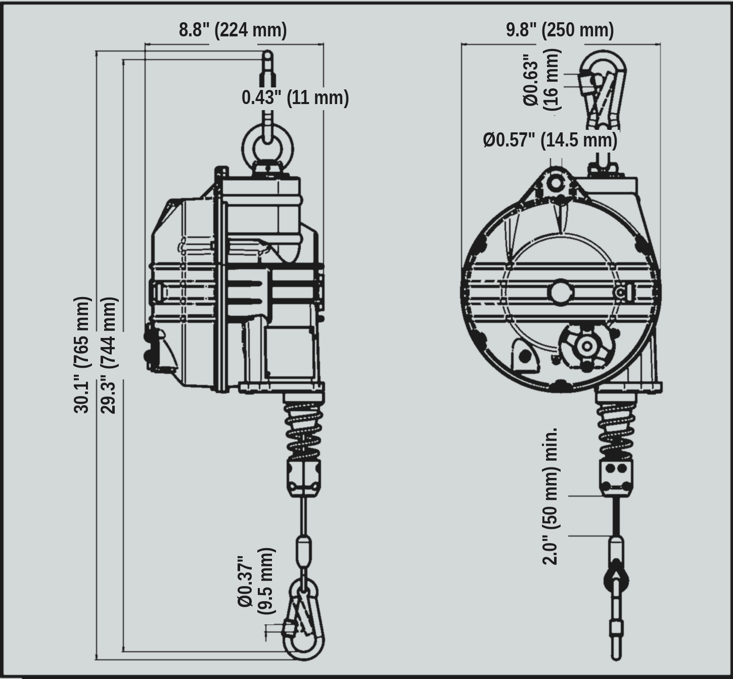 TECNA 9502OD-9525OD outdoor zero-gravity balancer dimension drawing