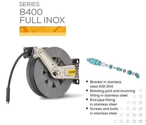 Load image into Gallery viewer, Industrial Oil-Water Hose Reel Zeca 8442/1111 ZNA, 50 ft, 3/8" ID, 2600 PSI, 3/8" FNPT Outlet, 3/8" FNPT Inlet
