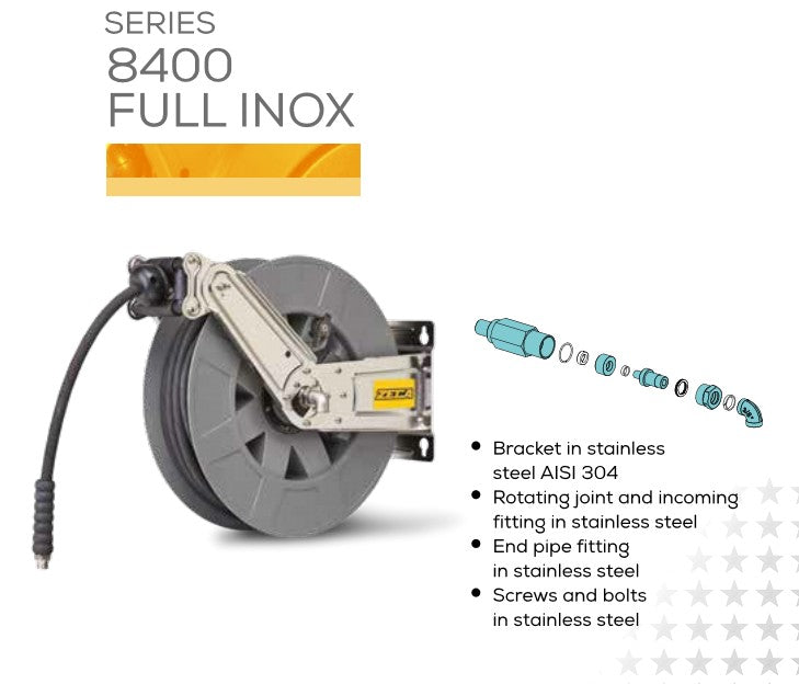 Industrial Oil-Water Hose Reel Zeca 8442/1111 ZNA, 50 ft, 3/8" ID, 2600 PSI, 3/8" FNPT Outlet, 3/8" FNPT Inlet