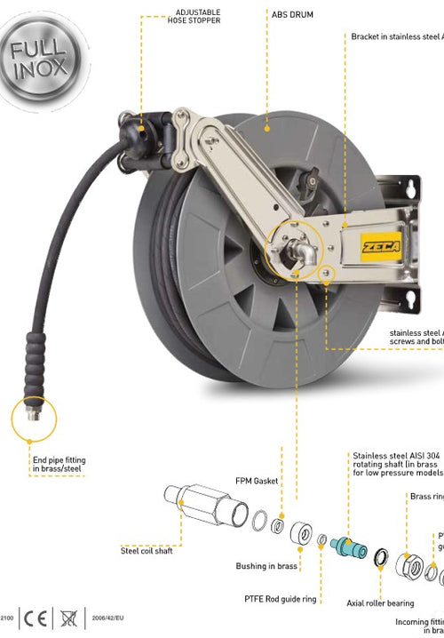 Load image into Gallery viewer, Industrial Oil-Water Hose Reel Zeca 8442/1111 ZNA, 50 ft, 3/8" ID, 2600 PSI, 3/8" FNPT Outlet, 3/8" FNPT Inlet
