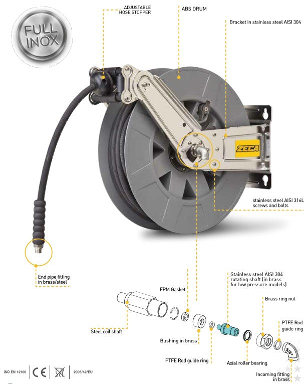 Industrial Oil-Water Hose Reel Zeca 8442/1111 ZNA, 50 ft, 3/8" ID, 2600 PSI, 3/8" FNPT Outlet, 3/8" FNPT Inlet