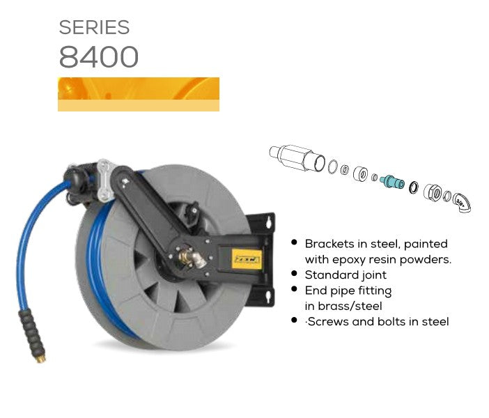 Industrial Air-Water Hose Reel Zeca 8406 ZNA, 60 ft, 3/8" ID, 300 PSI, 3/8" MNPT Outlet, 1/2" FNPT Inlet