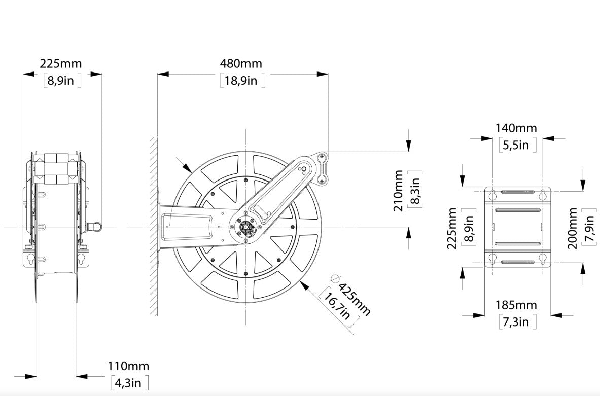 Industrial Oil-Water Hose Reel Zeca 8442/1111 ZNA, 50 ft, 3/8" ID, 2600 PSI, 3/8" FNPT Outlet, 3/8" FNPT Inlet