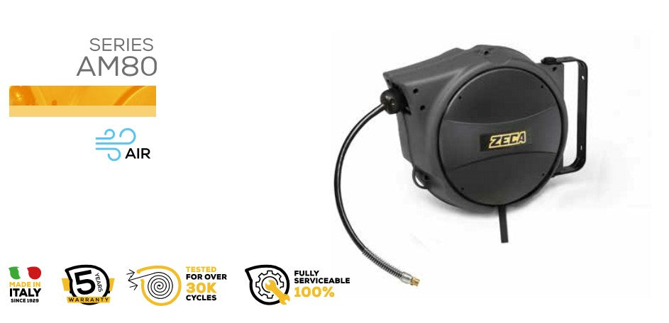 Industrial Air Hose Reel Zeca AM80/8 ZNA, 32 ft, 5/16" ID, 220 PSI, 1/4" MNPT, 4AU