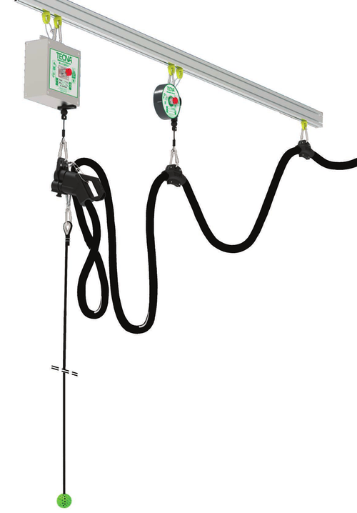 Load image into Gallery viewer, TECNA overhead EV cable management system on a rail: main balancer, auxiliary balancer, cable and pulling rope
