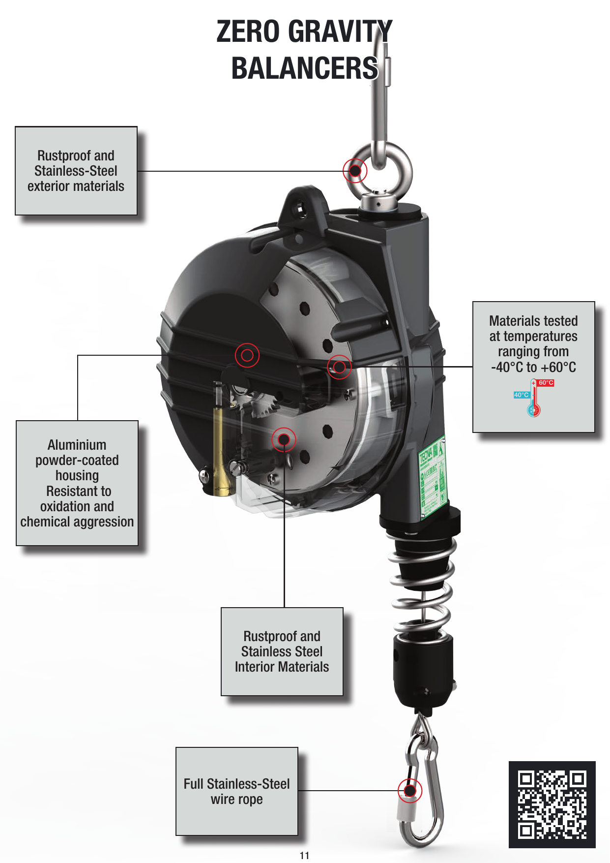 TECNA outdoor balancer features: rust-free stainless steel components, -40 to 140 F rating